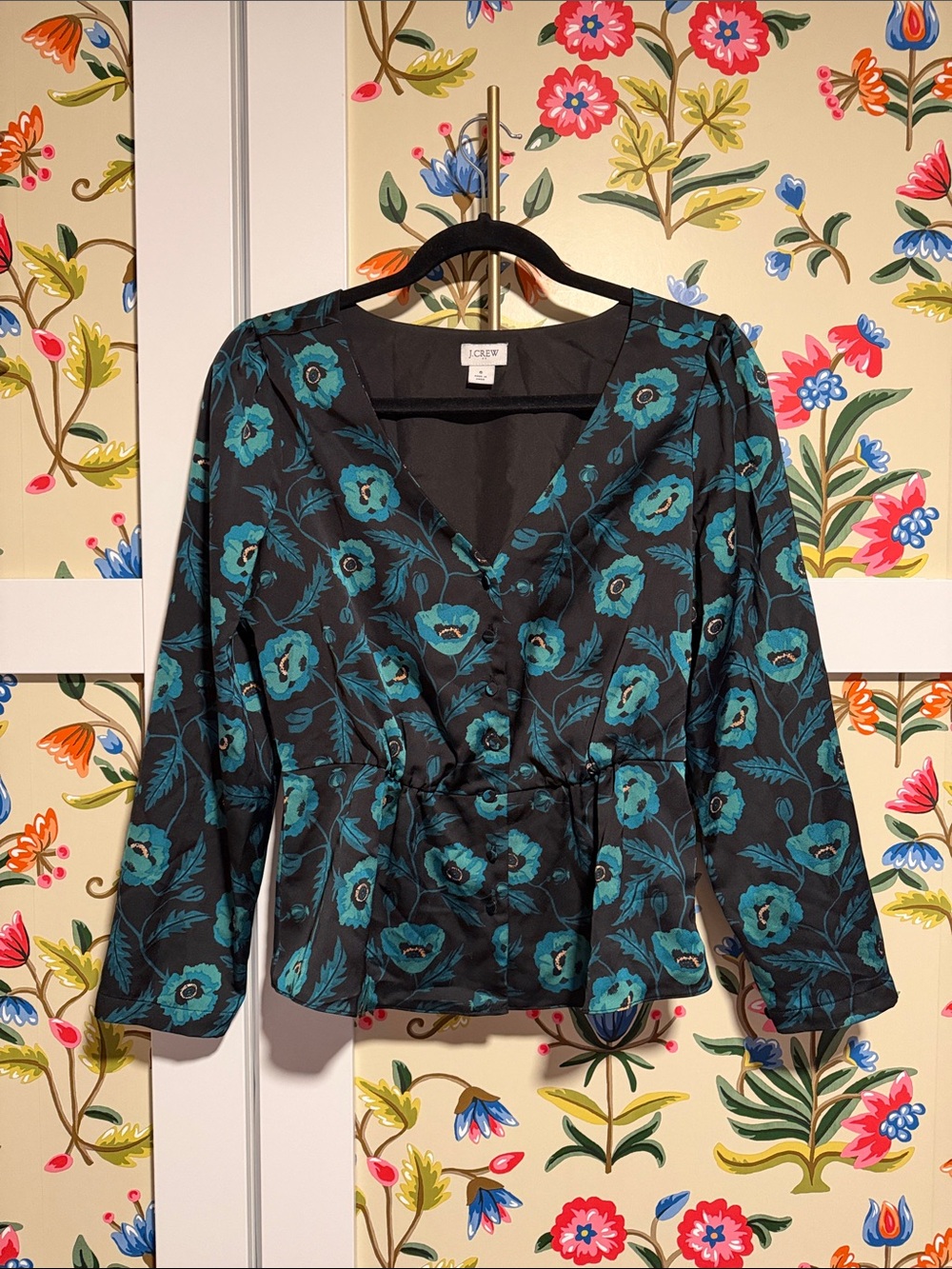 J. Crew Black Blouse with Teal Floral Print